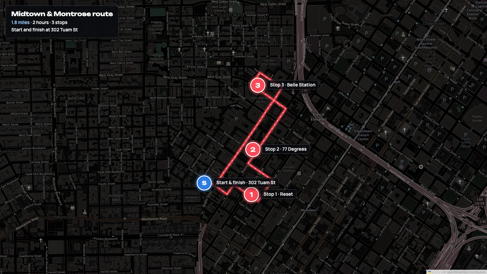 Map of the Houston Bike Bar Midtown route: start at 302 Tuam St, Reset on Dennis Street, 77 Degrees on Brazos, Belle Station on West Gray, and back