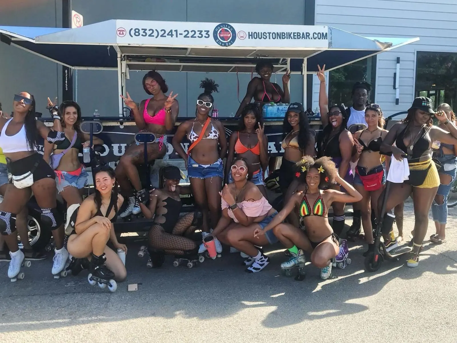 A bachelor party in roller skates riding the Houston Bike Bar
